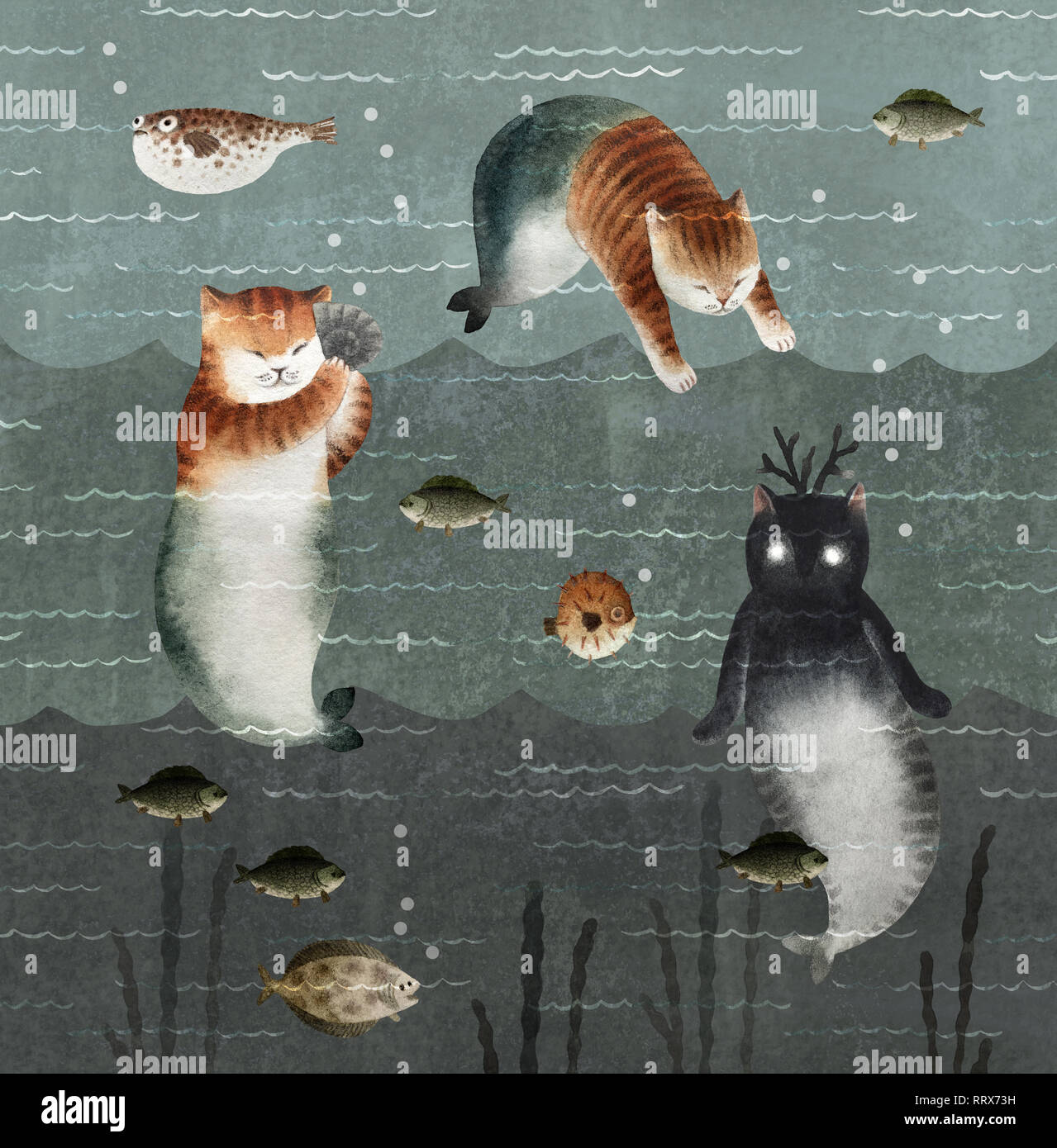 Cute Cat Aquarelle Sirène De Vagues De La Mer Avec Des