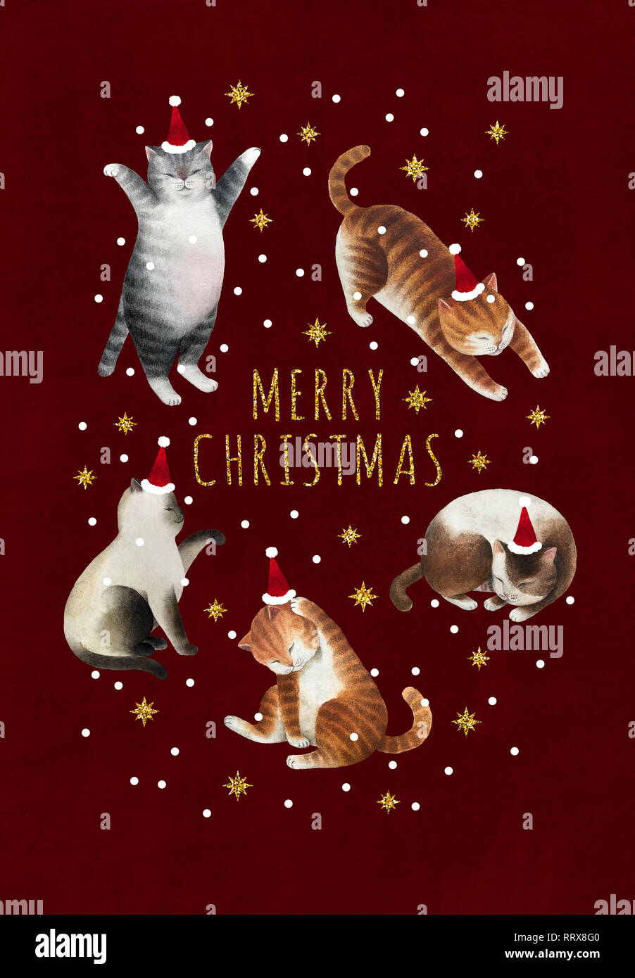 Carte Postale De Noel Avec Jeu De Chats Jeu De Chats Aquarelle Gold Glitter Et Flocons Isole Sur Fond Rouge Pret A Imprimer Carte Postale Photo Stock Alamy