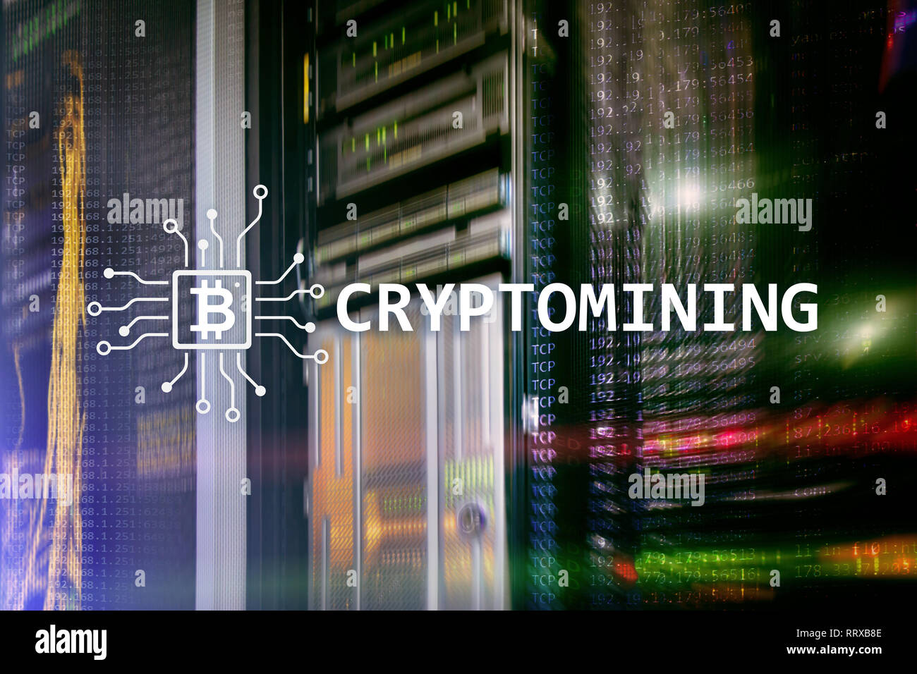L'exploitation minière Cryptocurrency concept sur arrière-plan de la salle serveur. Banque D'Images