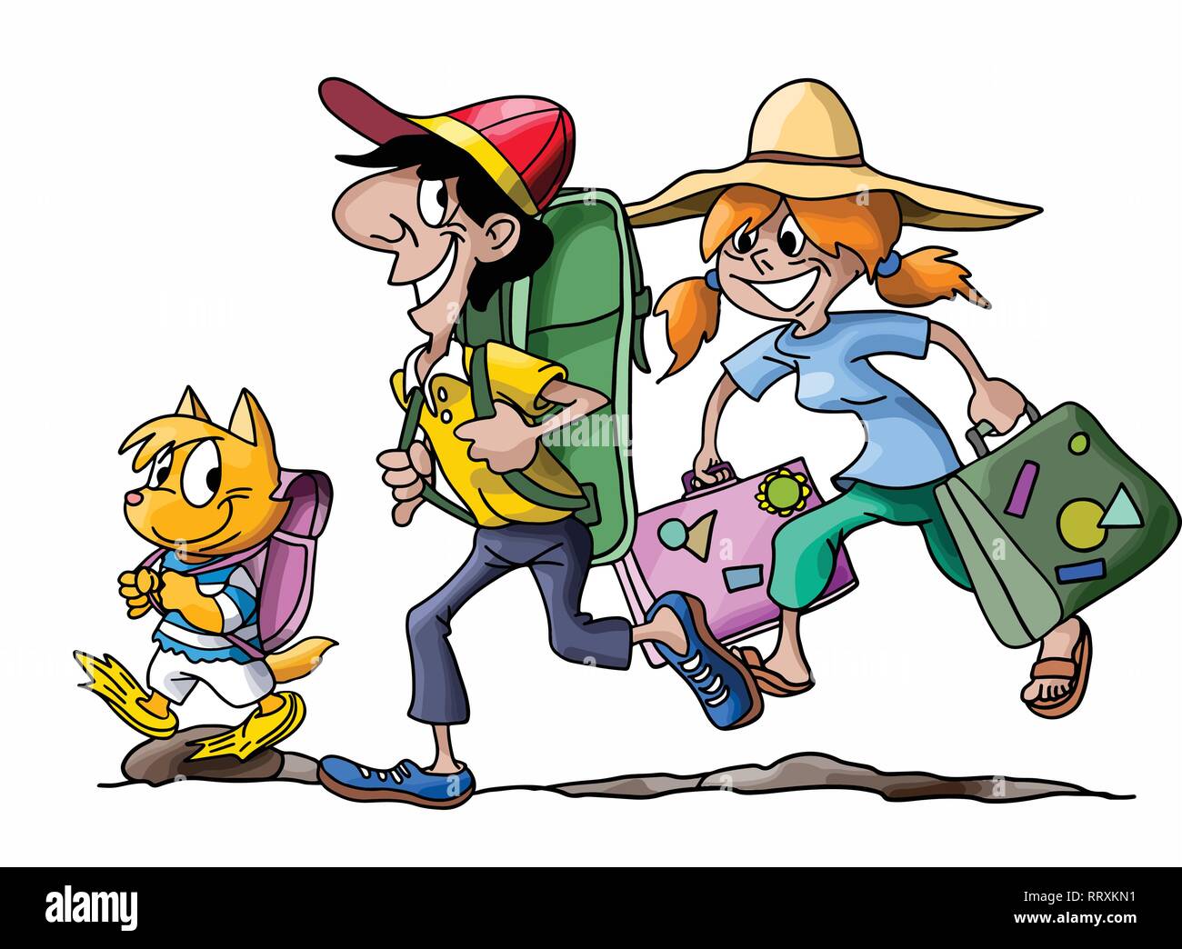 Cartoon Famille Partir En Vacances Avec Leur Chat Vector Illustration Image Vectorielle Stock Alamy