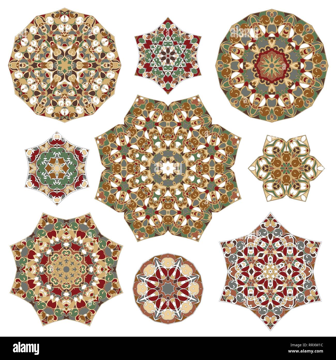 Ensemble de neuf éléments circulaires abstraites. Mandalas colorés ronde. Modèle de graphique pour votre conception. Rétro décoration ornement. Vector illustration. Illustration de Vecteur