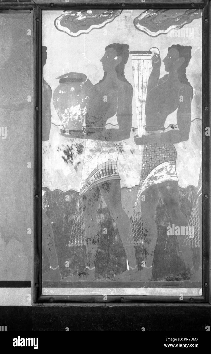 France, Grèce - Wandmalerei im Palast von Knossos auf Kreta, Griechenland, 1950er Jahre. Peinture murale au palais de Knossos en Crète, Grèce, 1950. Banque D'Images