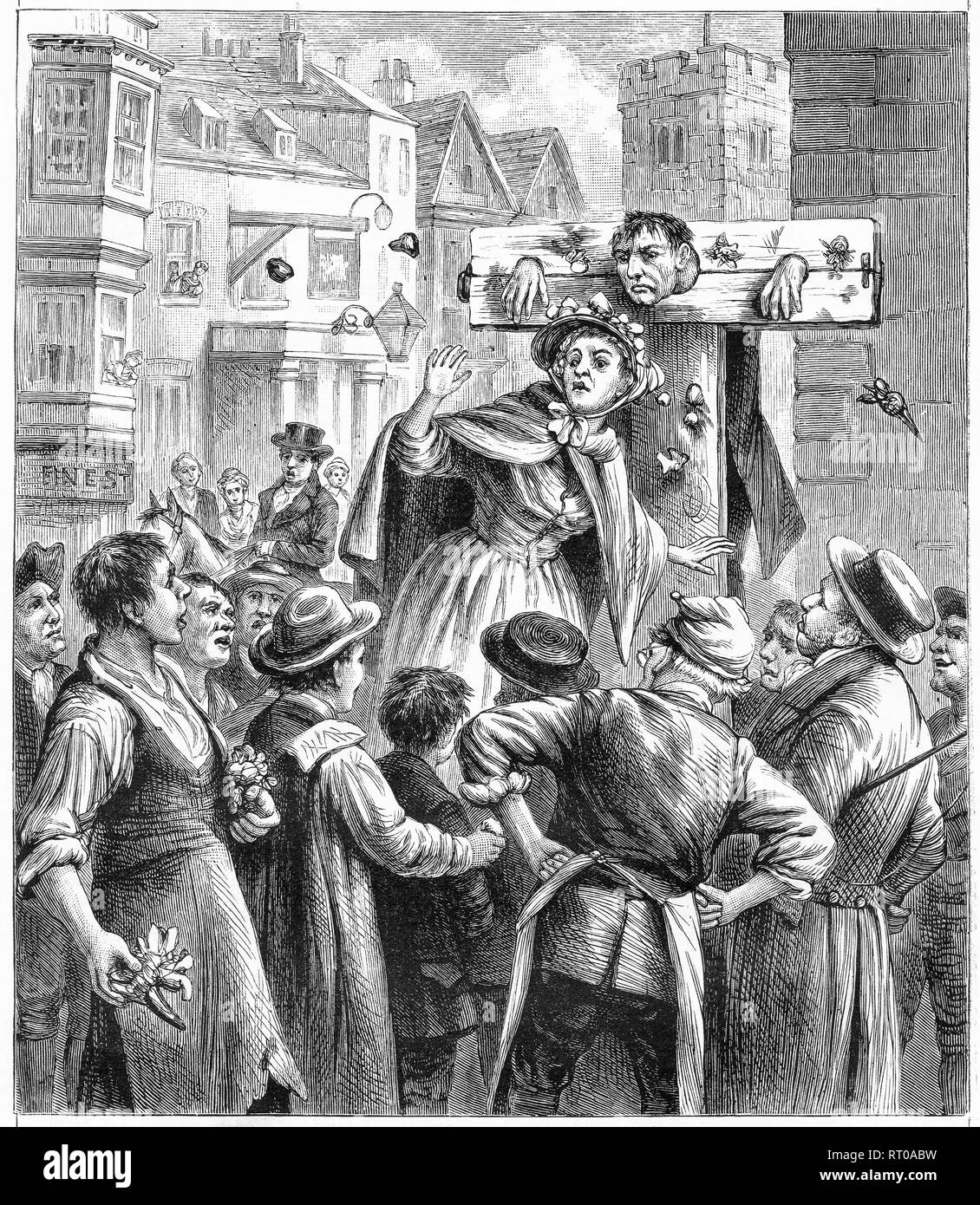 Gravure d'une femme essayant d'arrêter une foule de jeter les légumes pourris à un homme dans les stocks. À partir de 1925, magazine de Chatterbox Banque D'Images
