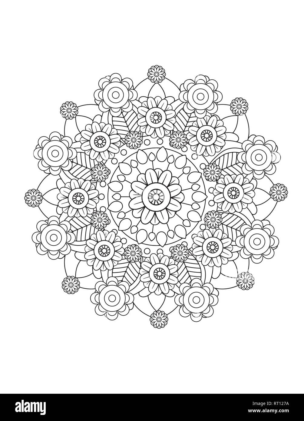 Motif floral mandala en noir et blanc. Livre de coloriage adultes page avec des fleurs et des mandalas. Motif Oriental, affiche des éléments décoratifs. Illustration de Vecteur