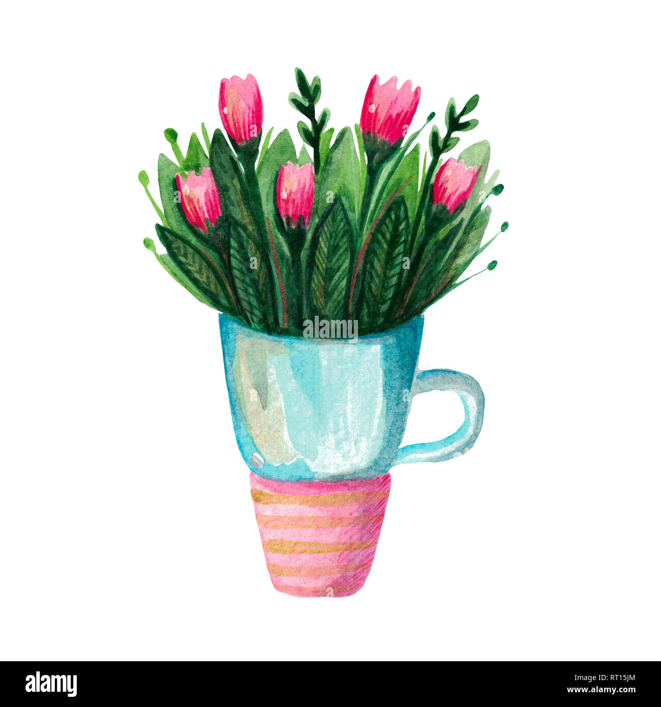 Vase avec fleurs de printemps tulipes dans un mug. Illustration à l'aquarelle sur fond blanc Banque D'Images