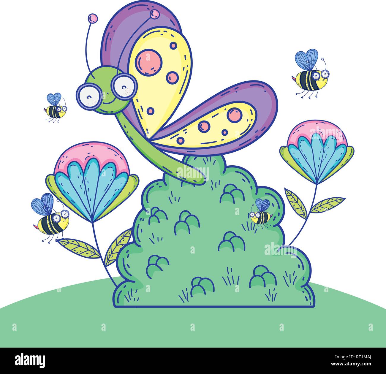 Abeilles et papillons exotiques de fleurs plantes Illustration de Vecteur