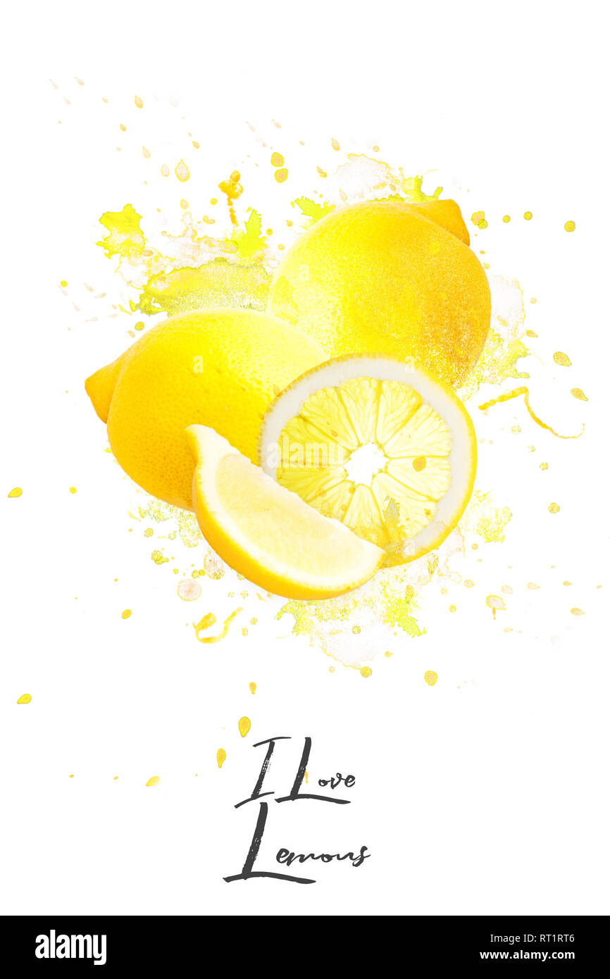 Montage photo très explanting avec citrons sur fond blanc Banque D'Images