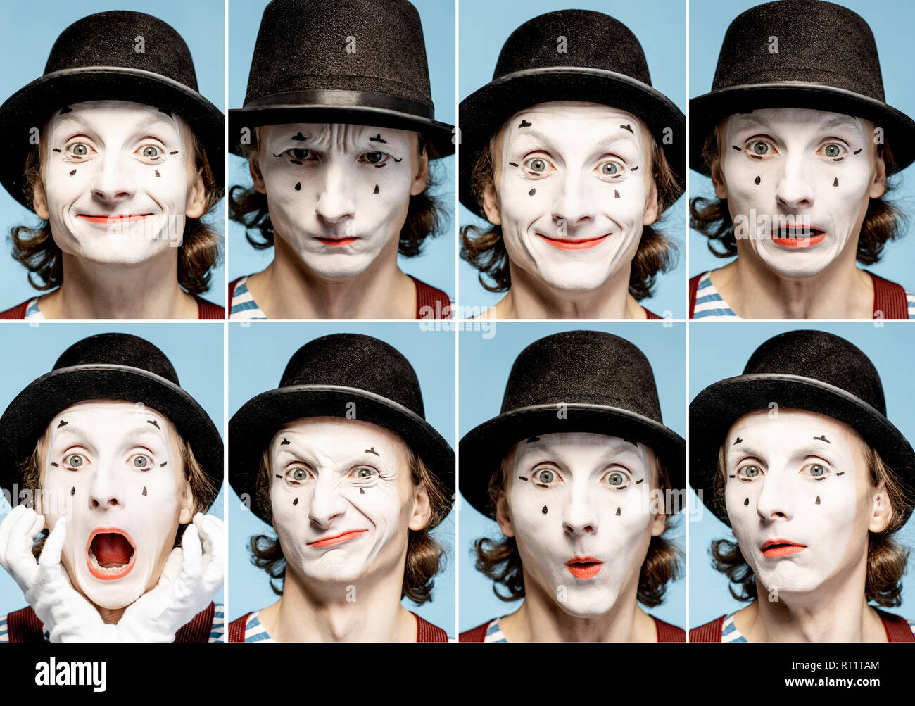 Photo Collage de différentes émotions humaines faites par la pantomime avec visage peint sur le fond bleu Banque D'Images