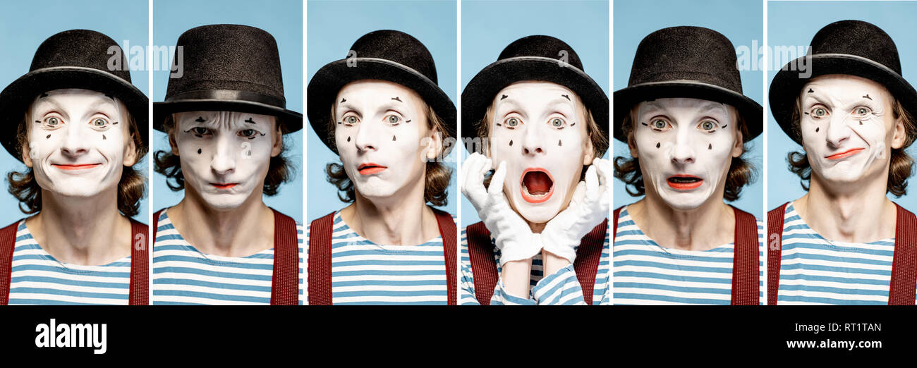 Photo Collage de différentes émotions humaines faites par la pantomime avec visage peint sur le fond bleu Banque D'Images