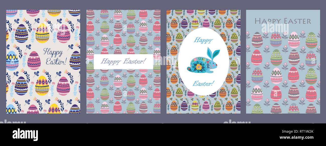 Joyeuses Pâques. Ensemble de modèles pour cartes et dépliants avec cartoon cute flat pattern d'oeufs de pâques. Vector illustration Illustration de Vecteur