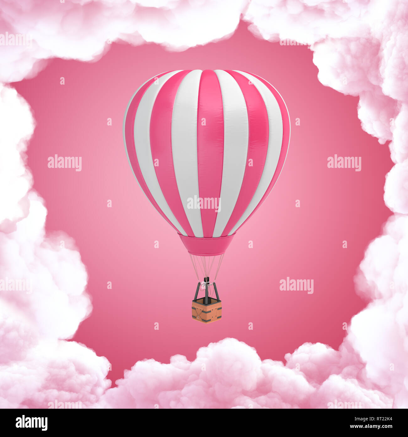 Le rendu 3D de montgolfière blanche rose avec des nuages blancs sur fond rose Banque D'Images