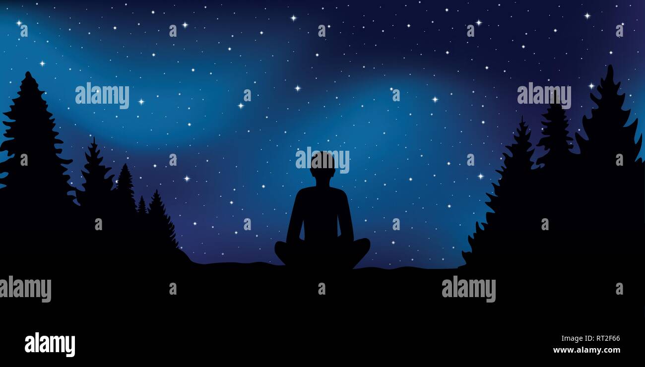 Personne assis en méditation poser cherche dans le ciel étoilé vector illustration EPS10 Illustration de Vecteur
