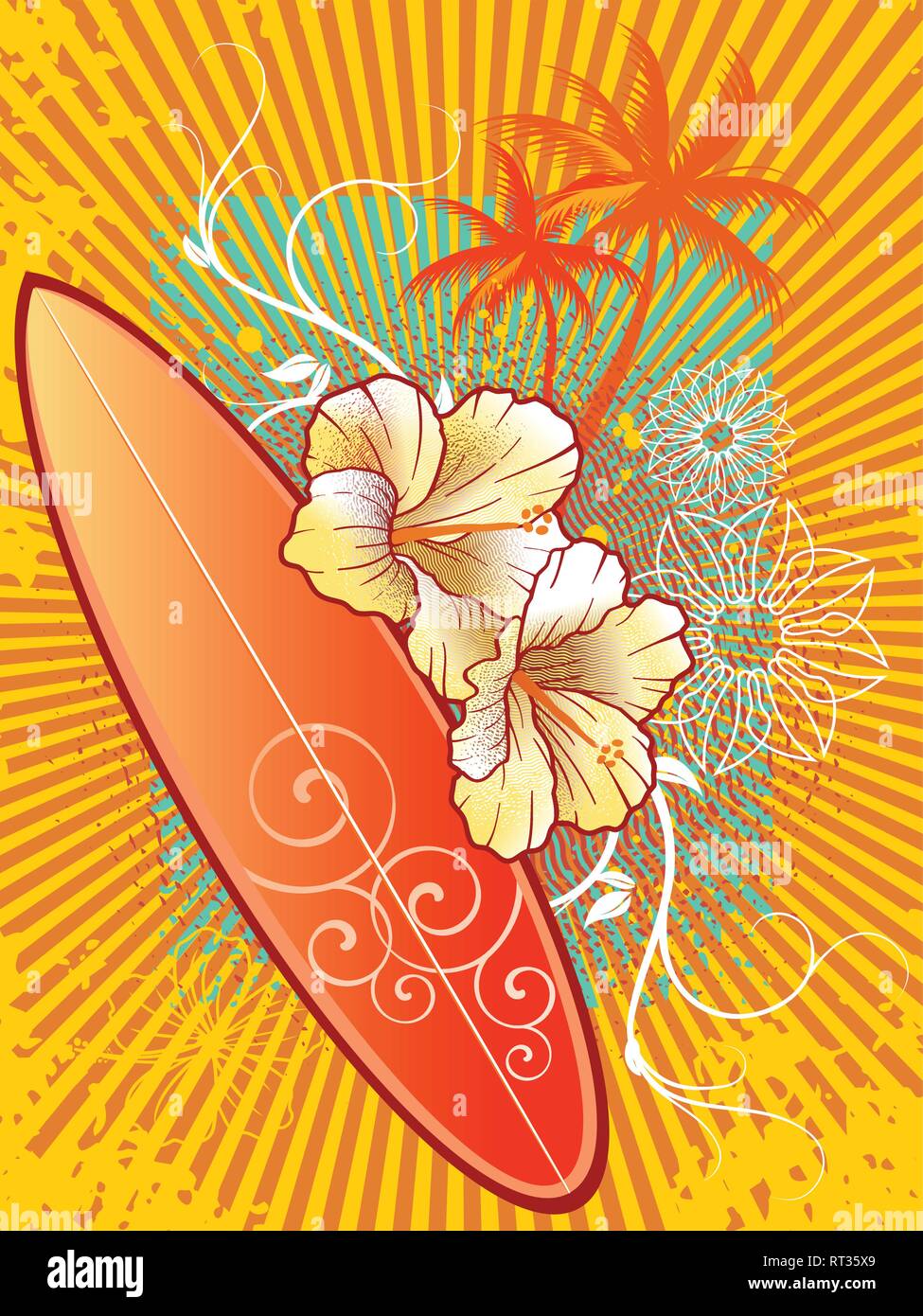 Décoration Murale Planche De Surf En Bois 100cm - Motif Fleurs Hibiscus - Style Africain