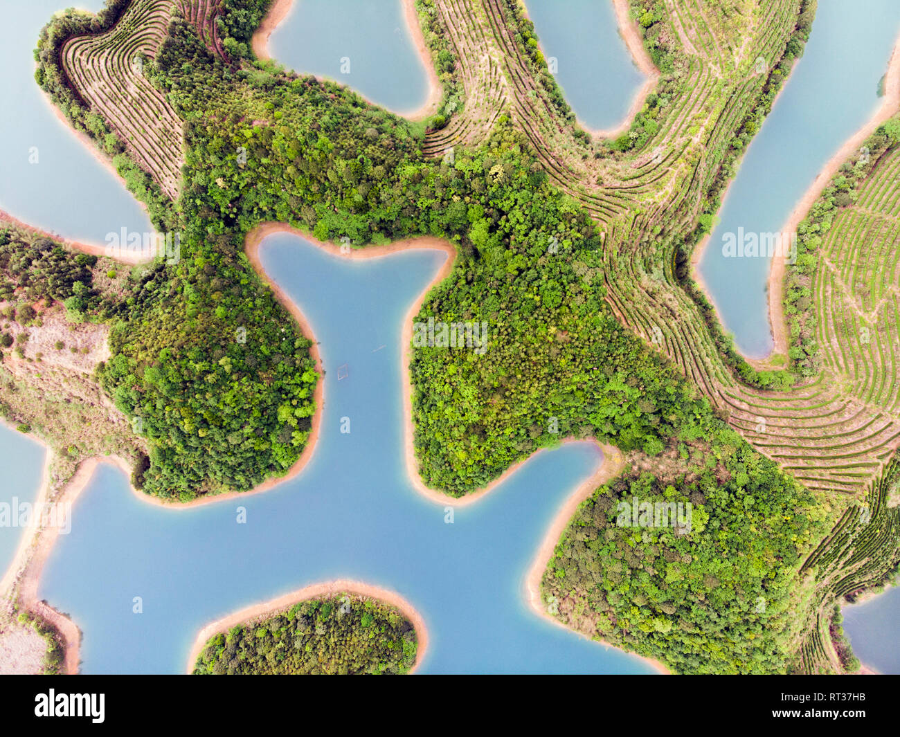Vue aérienne de la Thousand Island Lake. Vue de dessus de l'eau douce Qiandaohu. Dans la vallée en contrebas Chun'an Pays, Hangzhou, Province de Zhejiang, Chine. Banque D'Images
