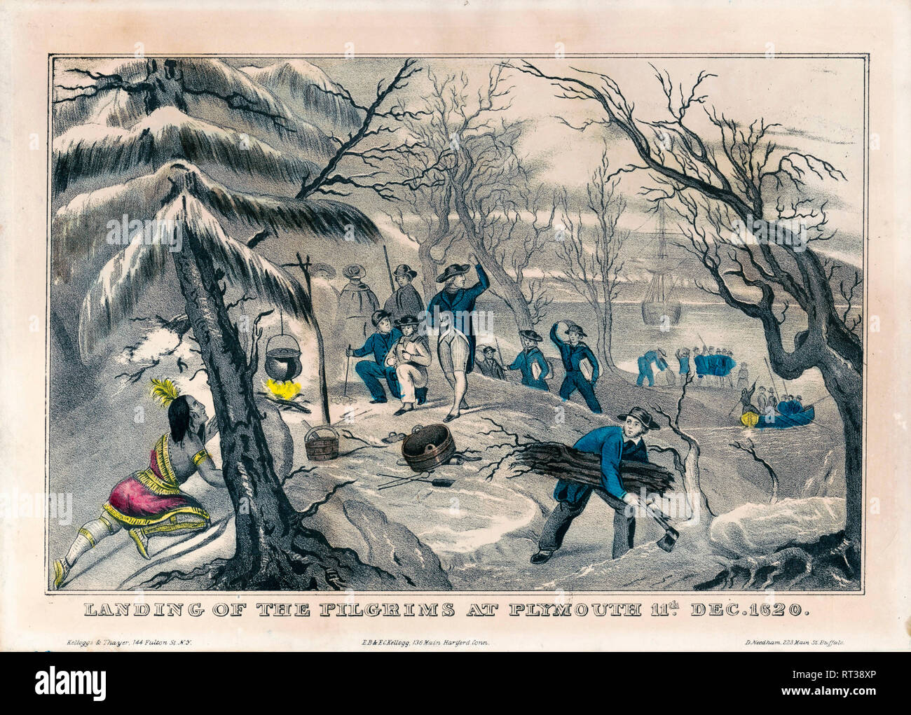 Débarquement des pèlerins à Plymouth le 11th décembre 1620, Pères pèlerins, peinture, impression vers 1845 Banque D'Images
