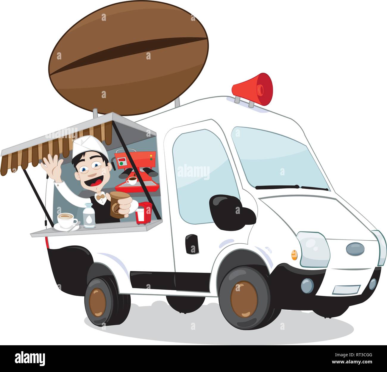 Un vecteur représentant une caricature drôle et décorées expresso van, avec un grain de café, et un logo sympathique barman acclamations et smiling Illustration de Vecteur