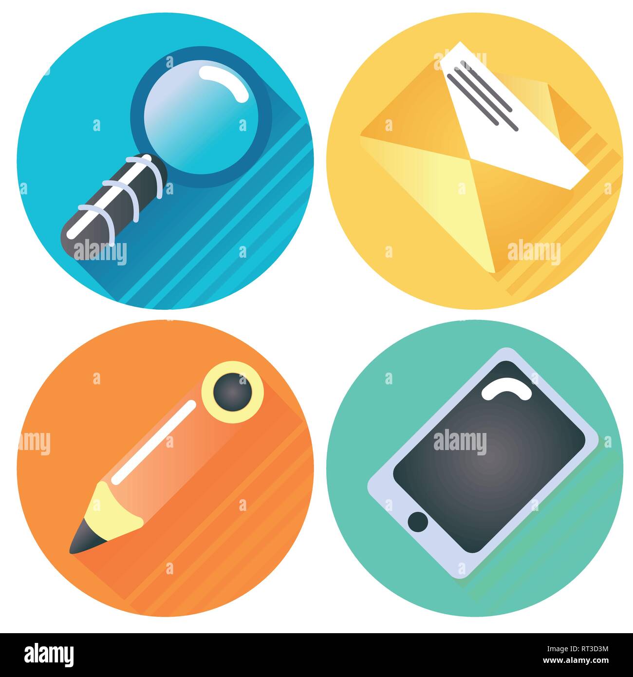 Quatre boutons internet loupe, lettre, stylo et tablette Illustration de Vecteur