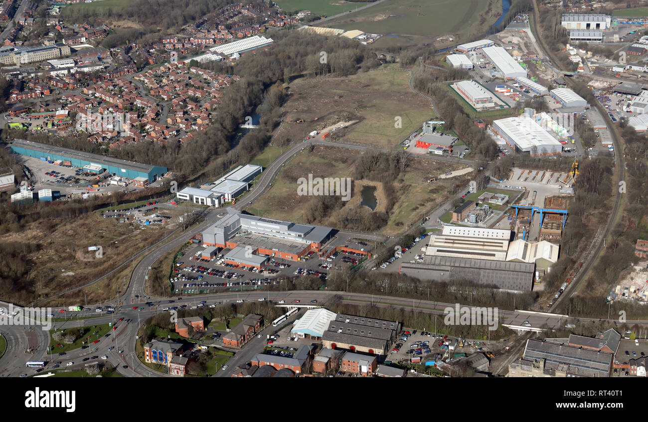 Vue aérienne de la région de Peel, au nord de l'enterrer avec le bâtiment de la police du Grand Manchester et Peel Industrial Estate,Manchester Banque D'Images