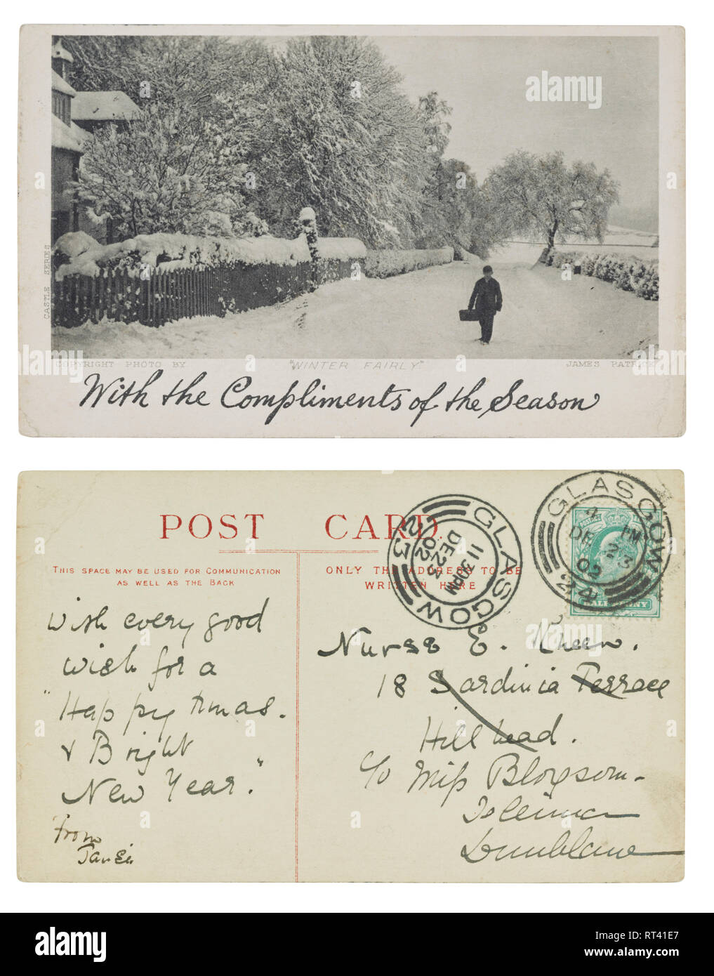 Carte postale envoyée de Glasgow à l'infirmière en Hillhead et ensuite envoyé à Dunblaine en décembre 1902 Banque D'Images