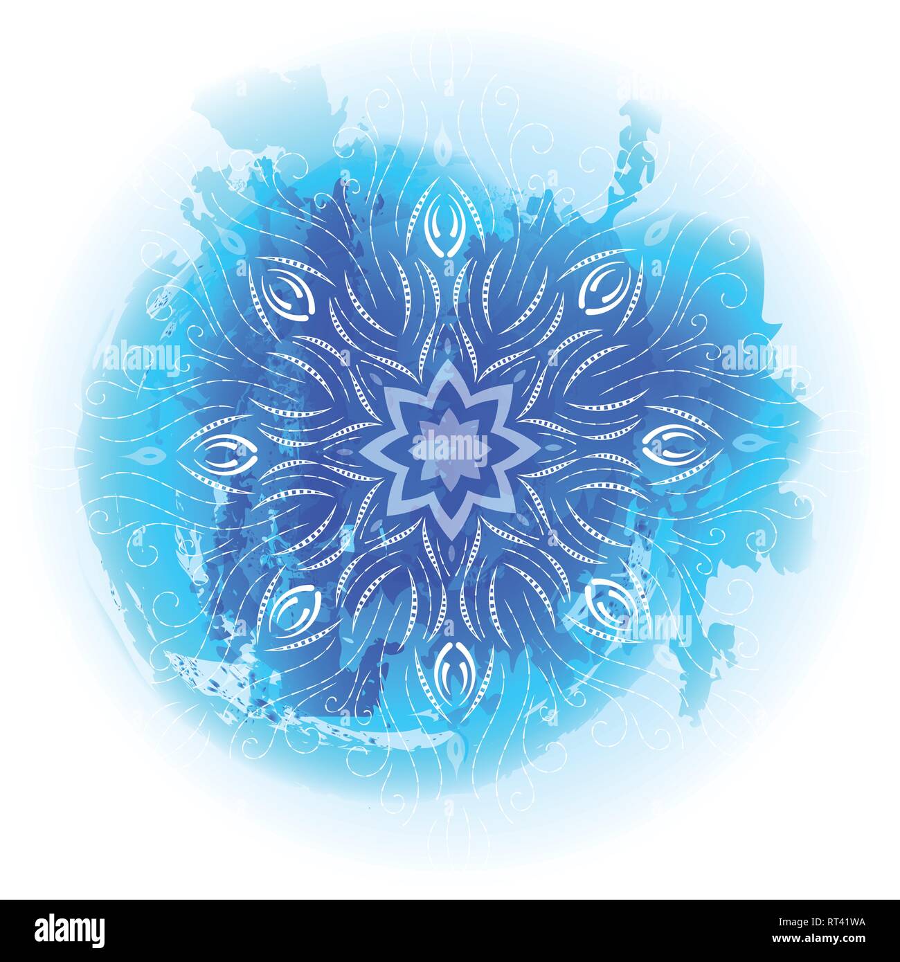 Mandala rond dégradé bleu sur fond blanc. Boho vecteur comme mandala l'aquarelle. Mandala avec des motifs floraux. Modèle de Yoga Illustration de Vecteur