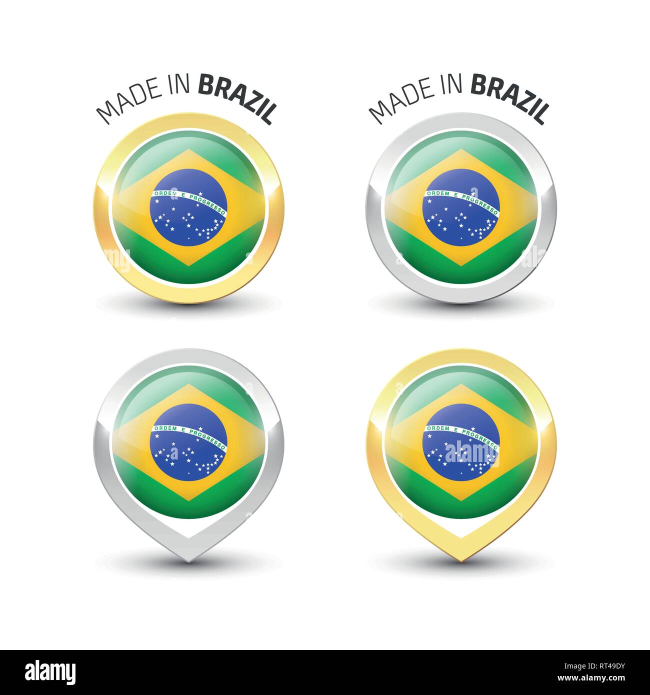 Fabriqué au Brésil - label garanti avec le drapeau brésilien l'intérieur de ronde des icônes d'or et d'argent. Illustration de Vecteur