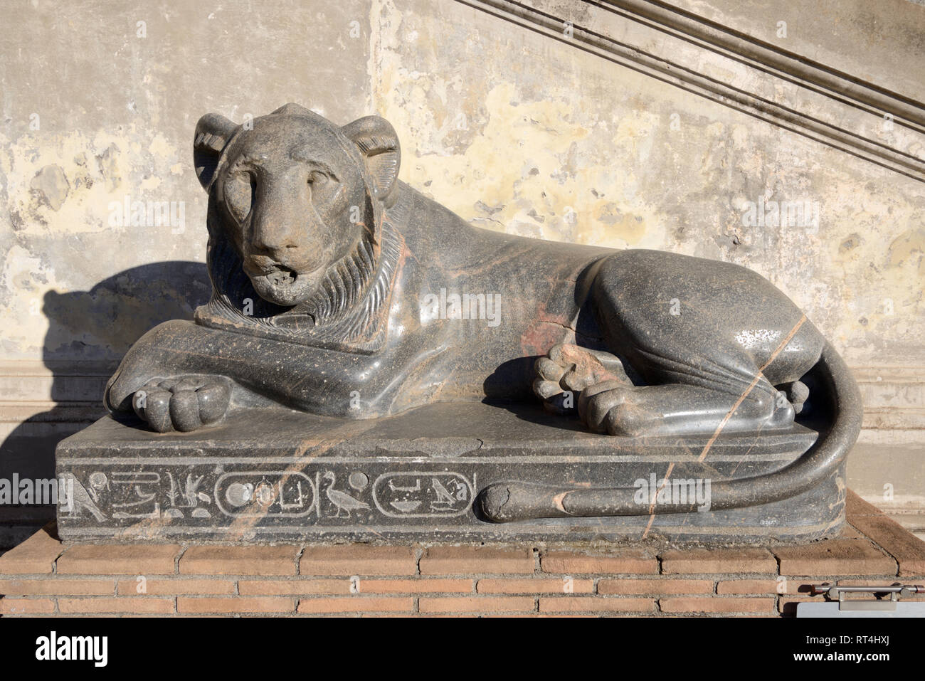 Lion de Nectanebo sur le cône de pin, ou fontaine Fontana delle Pigna, dans la cour du Belvédère, Cortile del Belvedere, Cité du Vatican de l'ancienne Egypte Banque D'Images