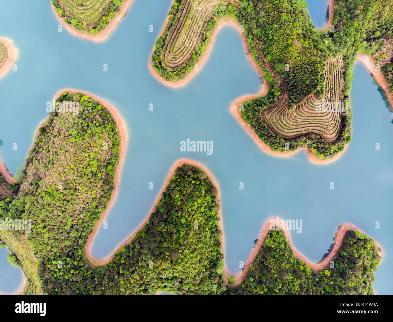 Vue aérienne de la Thousand Island Lake. Vue d'oiseau de l'eau douce Qiandaohu. Plateau Îles de Chun'an Pays, Hangzhou, Province de Zhejiang, Chine. Banque D'Images