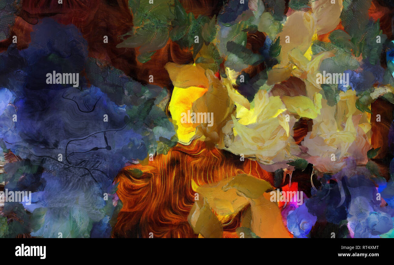 La peinture abstraite. Les coups de pinceau aux couleurs sourdes. L'homme silhouette dans un costume Banque D'Images