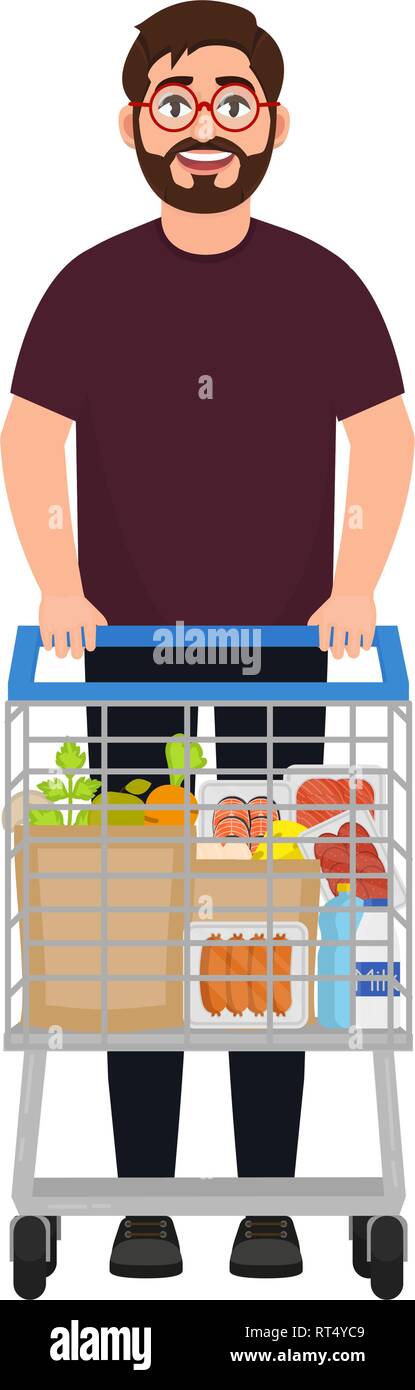 Un homme barbu se distingue avec un chariot, le chariot est rempli de produits grisâtre, fait des achats dans un supermarché, un caractère d'une caricature Illustration de Vecteur