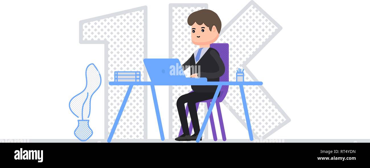 Cas d'un millier d'utilisateurs, un blogueur célèbre 1k abonnés, un homme est assis à une table dans un bureau, les médias sociaux, un personnage dans un style plat Illustration de Vecteur