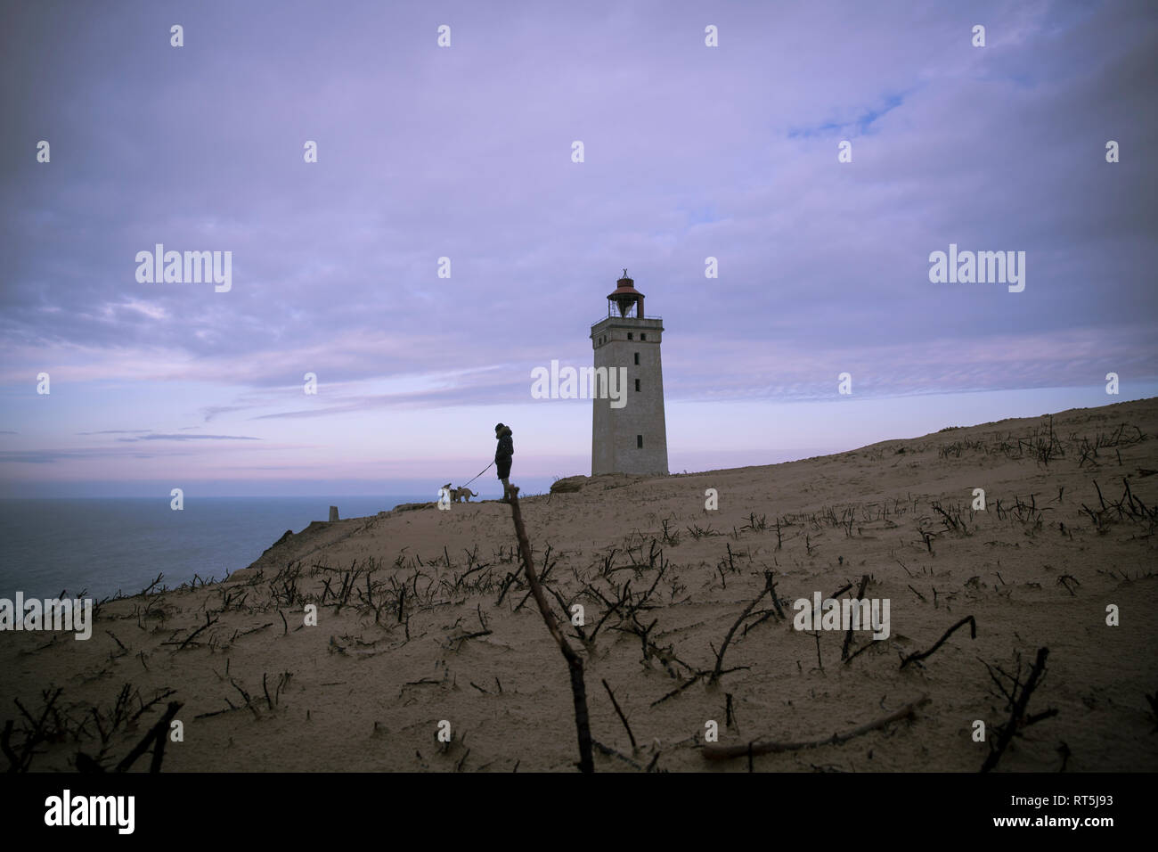 Le Danemark, le Nord du Jutland, man with dog looking at view près de phare de Rubjerg Knude Banque D'Images