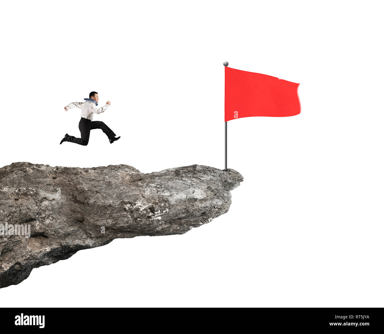 Homme qui court sur la falaise de drapeau rouge isolé en fond blanc Banque D'Images