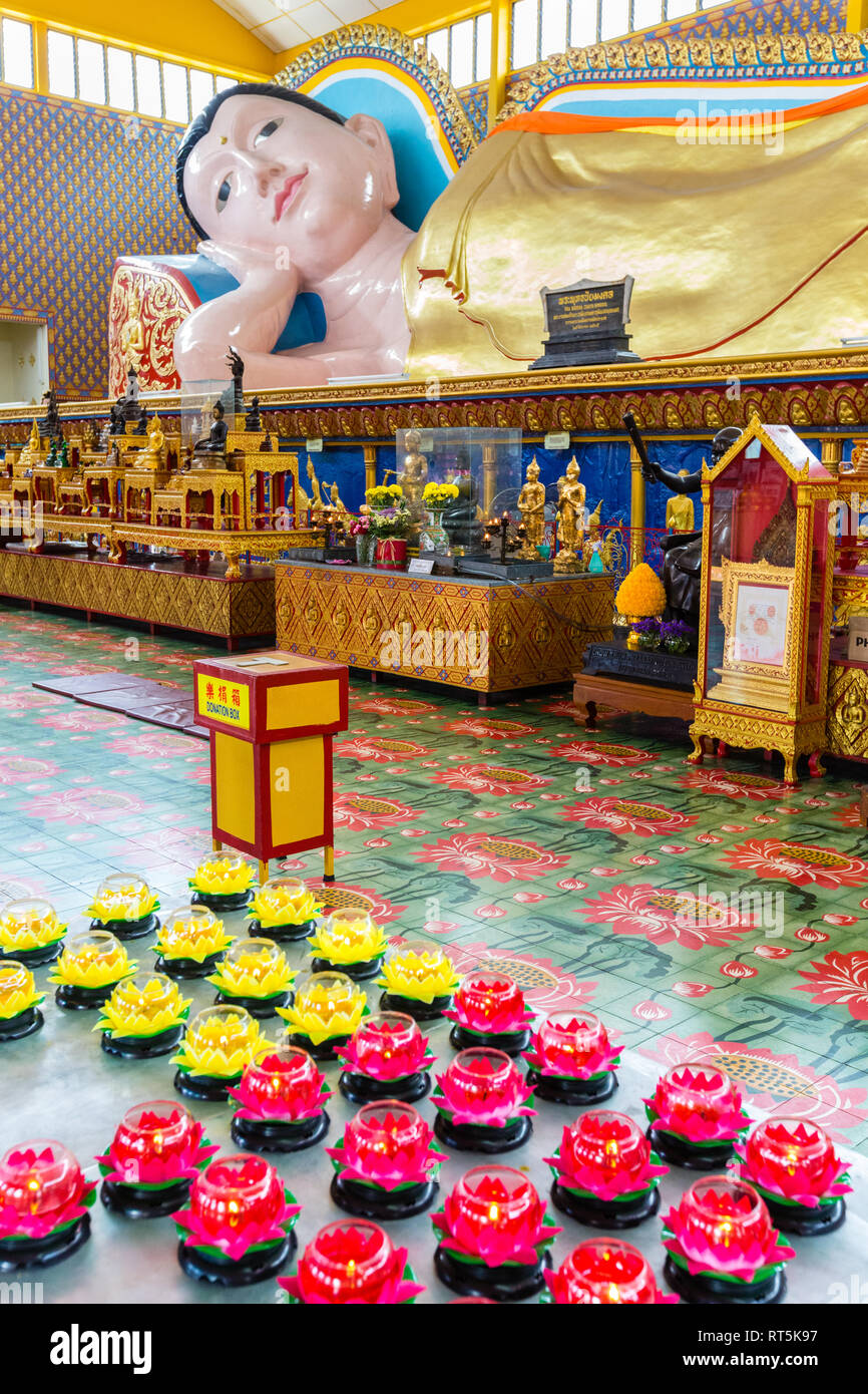 Wat Chayamangkalaram Temple, du Bouddha couché. George Town, Penang, Malaisie Banque D'Images