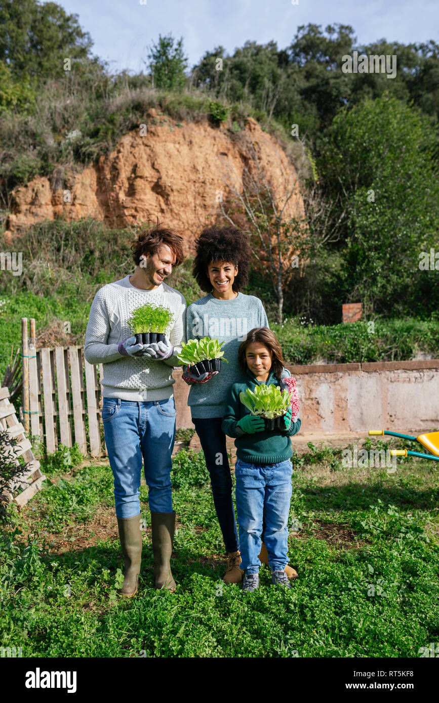 Happy Family holding plants de laitue dans un jardin potager Banque D'Images