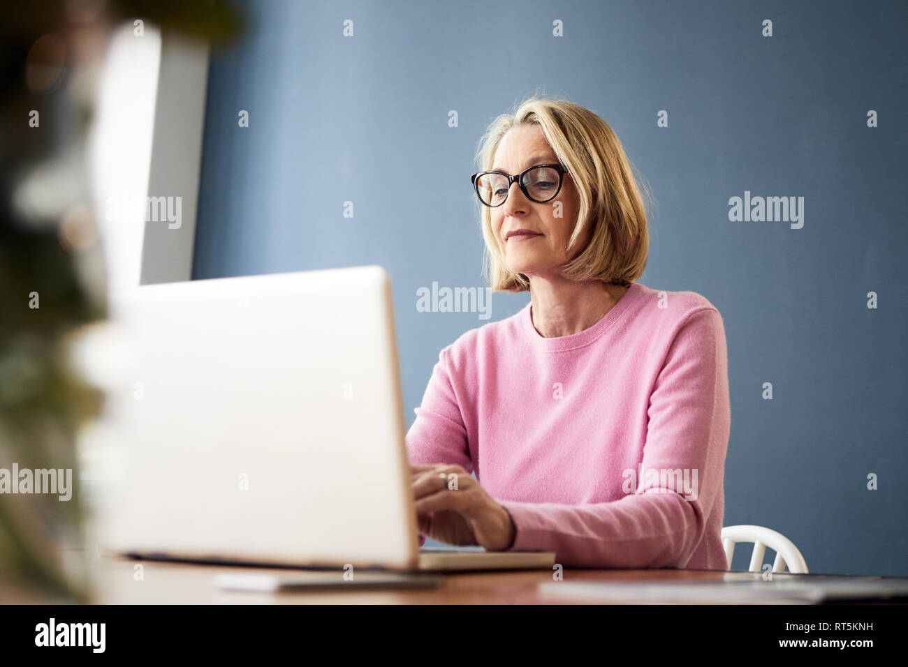 Mature Woman using laptop at home Banque D'Images