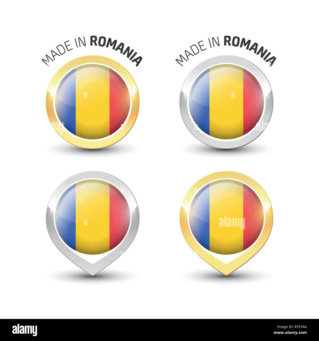 Fabriqué en Roumanie - label garanti avec le drapeau roumain l'intérieur de ronde or et l'argent des icônes. Illustration de Vecteur