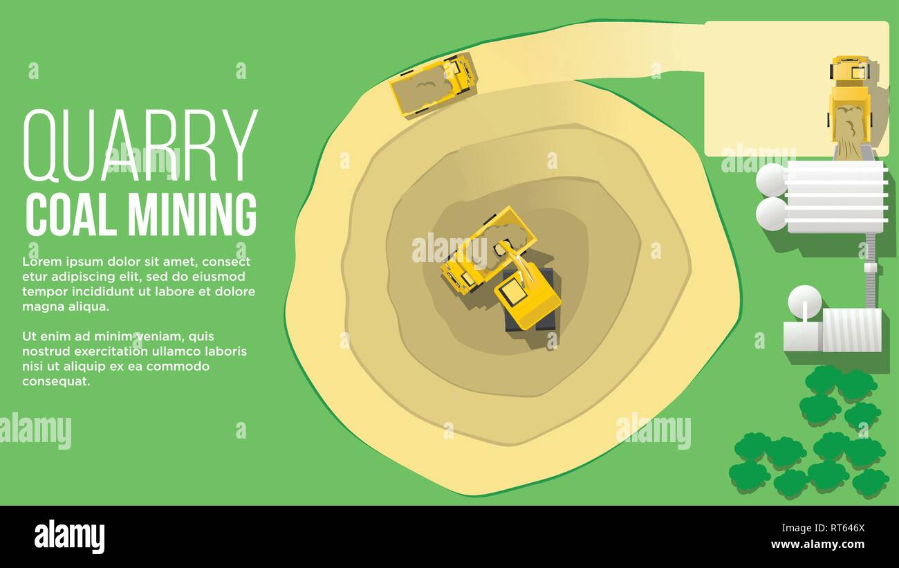 Charbon quary mininig forme concept vue aérienne ci-dessus qui montre le chargement de turck excavatrice et l'exploitation minière du charbon miling illustration style plat Illustration de Vecteur