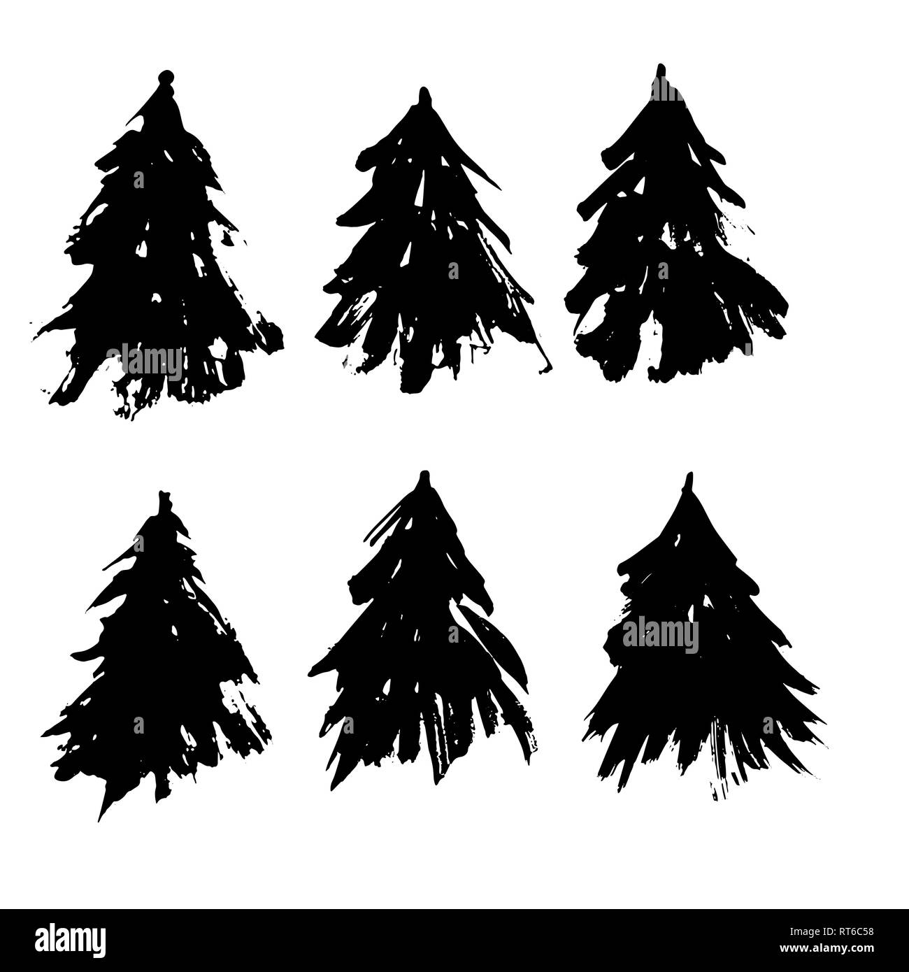 Jeu de silhouettes de sapins. Grunge noir collection d'arbres de Noël. Aquarelle sapins isolé sur fond blanc. Vector illustration. Illustration de Vecteur