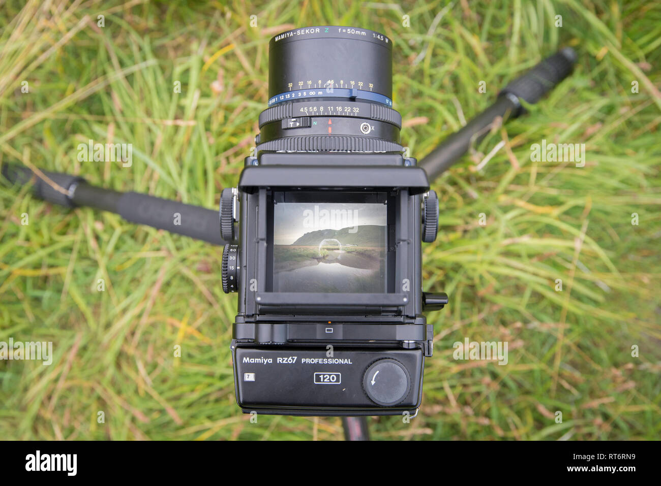 Regardant à travers le viseur de Mamiya RZ67 appareil-photo de film de format moyen. Banque D'Images