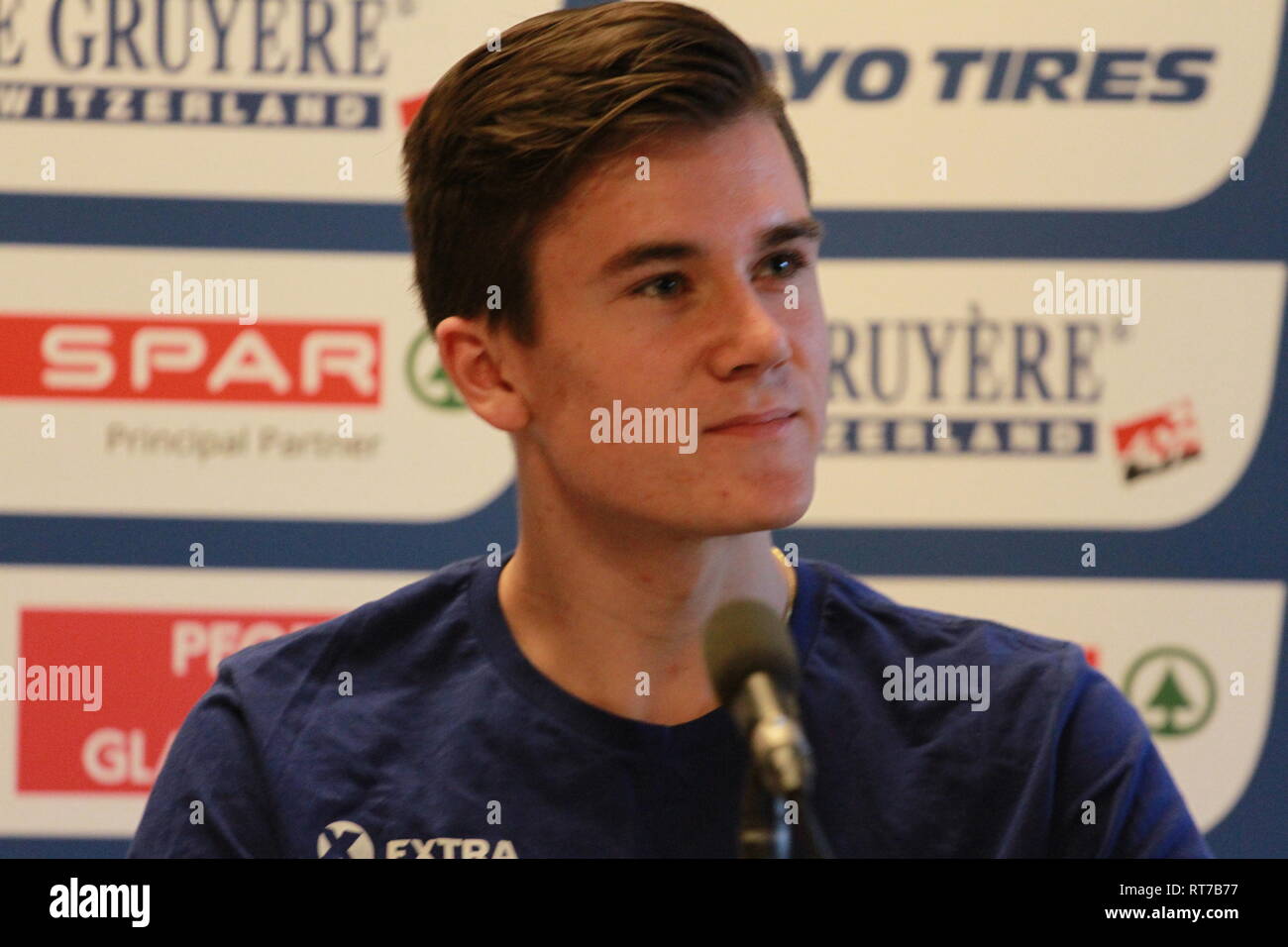 Glasgow, Royaume-Uni. 28 Février, 2019. Jakob Ingebrigtsen (NI) - 1500m et 5000m en ouverture de la conférence de presse à l'intérieur d'Europe d'athlétisme 2019 Crédit : Ben Booth/Alamy Live News Banque D'Images