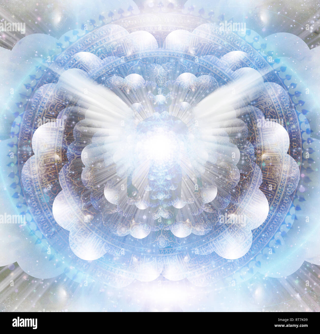 Ailes brillantes et l'aura de l'homme dans un centre d'Affaires indiennes mandala. Banque D'Images