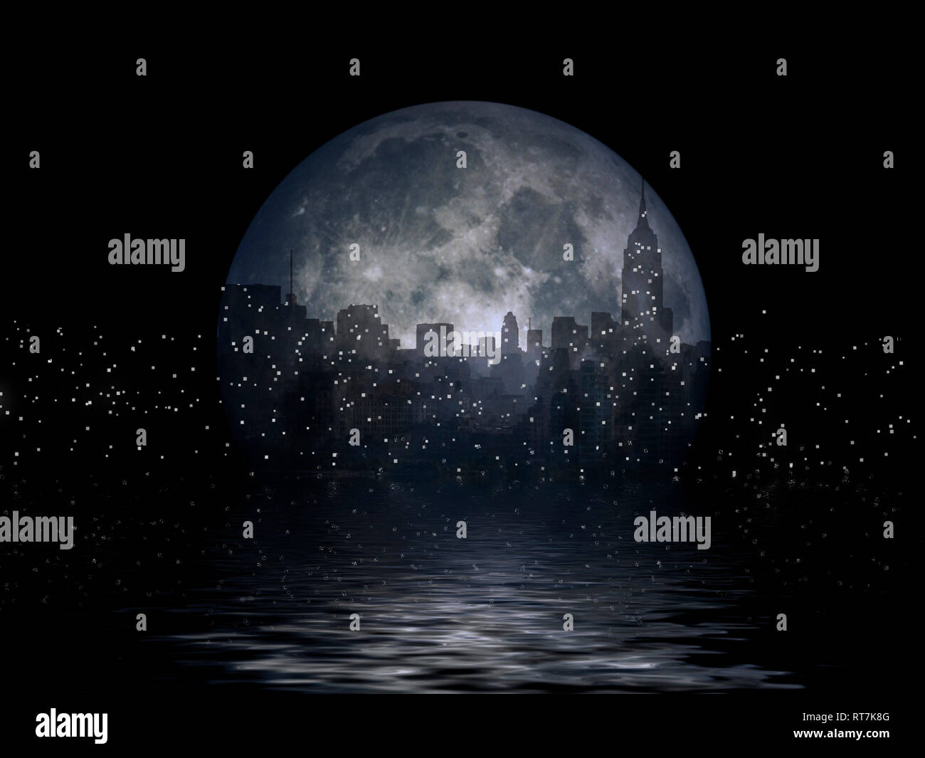 New York city silhouettes se reflète dans la lune. Le rendu 3D Banque D'Images