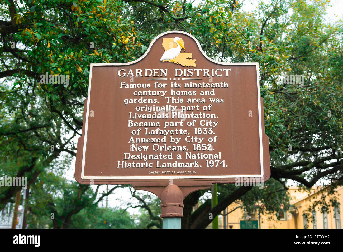 New Orleans Garden District, vue d'un signe dans le Garden District de La Nouvelle-Orléans qui donnent des informations sur les origines et l'histoire de la région, USA Banque D'Images