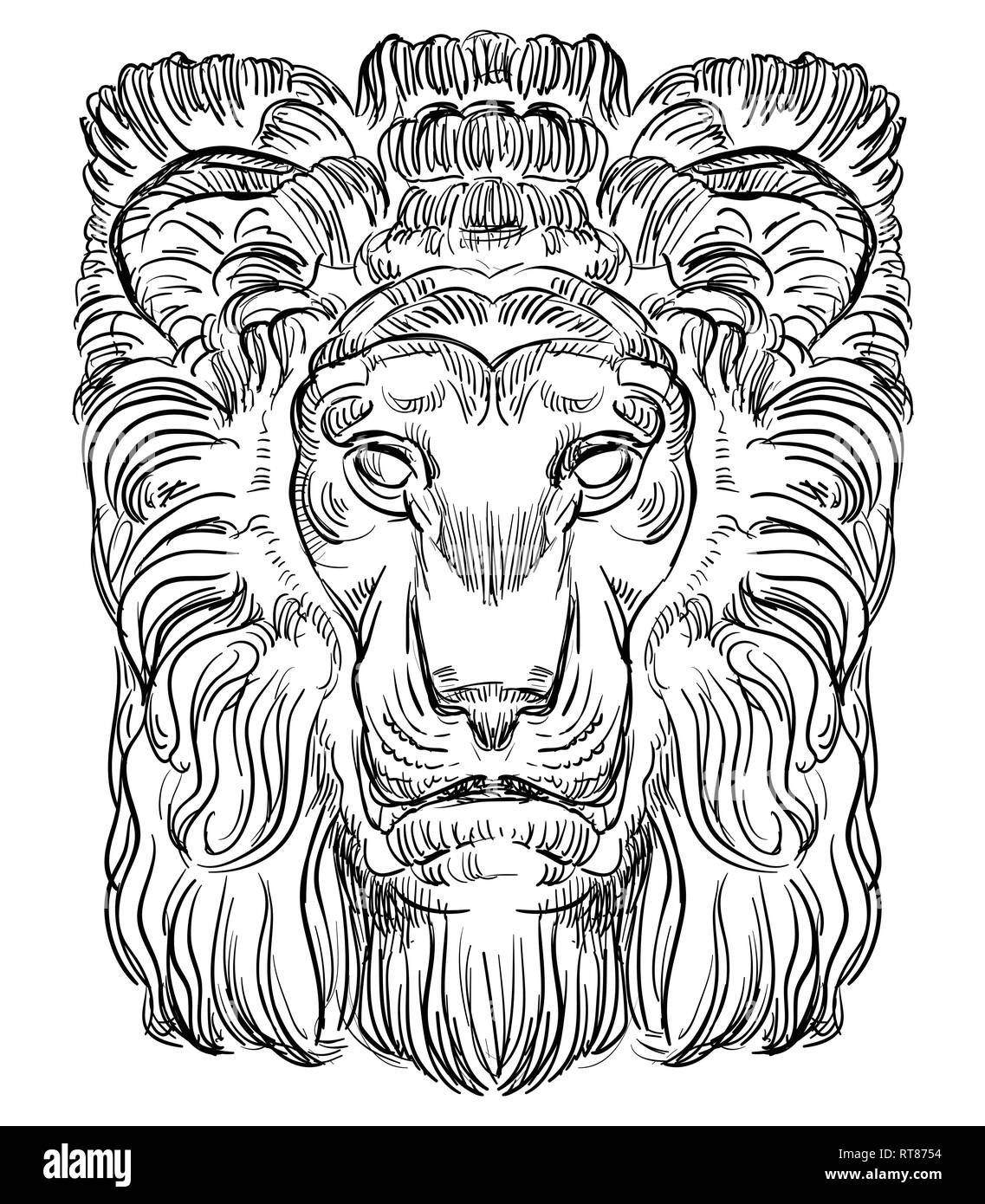 Bas-relief en pierre en forme de tête de lion, vector dessin illustration en couleur noir isolé sur fond blanc. Illustration de Vecteur