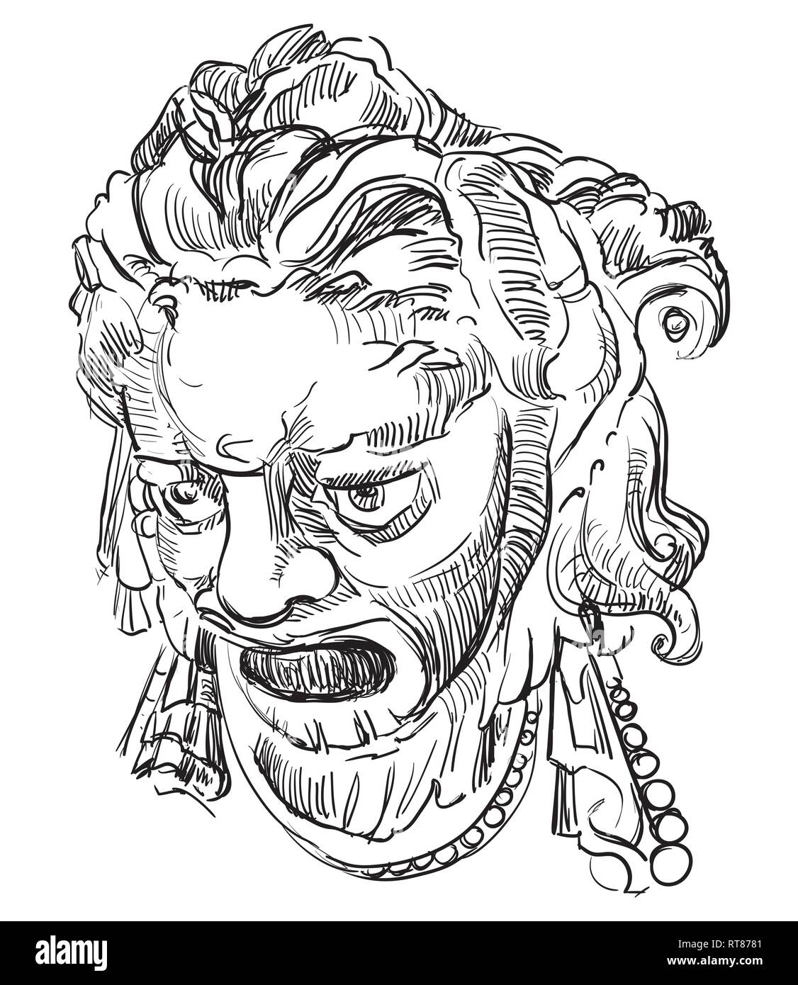 Bas-relief en pierre en forme de tête humaine, vector dessin illustration en couleur noir isolé sur fond blanc. Illustration de Vecteur