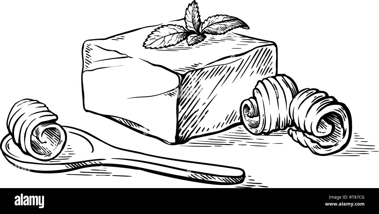 Bloc croquis dessinés à la main de beurre et la cuillère avec curl vector illustration Illustration de Vecteur