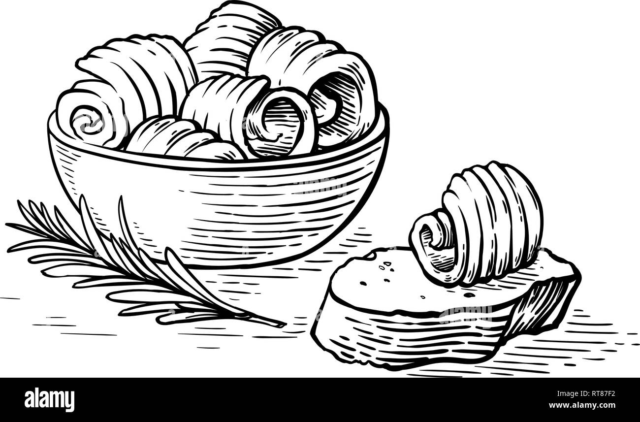 Croquis dessinés à la main le beurre dans un bol et du pain boucles vector illustration Illustration de Vecteur