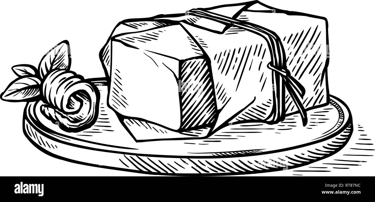 Croquis dessinés à la main, morceau de beurre emballé dans une enveloppe en papier sur un support en bois vector illustration Illustration de Vecteur