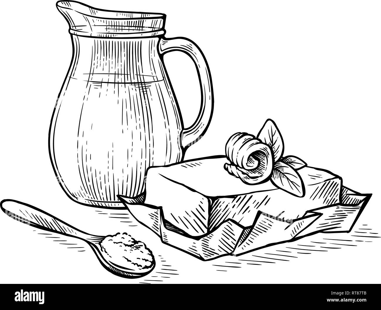 Croquis dessinés à la main, pot à lait et le beurre sur papier vector illustration Illustration de Vecteur