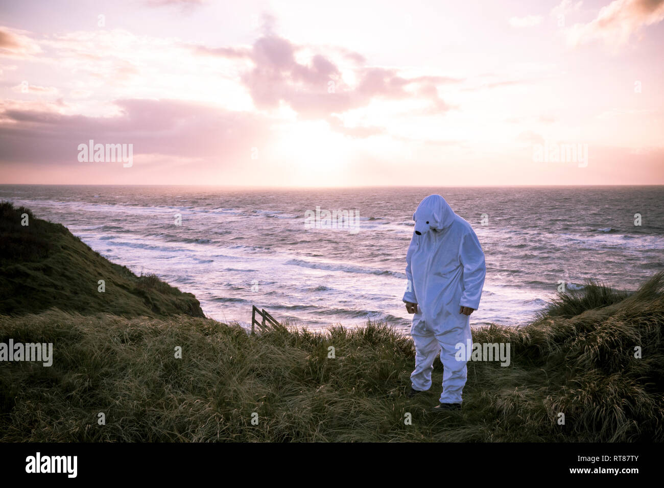 Le Danemark, l'Nordjuetland, homme portant un costume d'ours de glace à la plage Banque D'Images